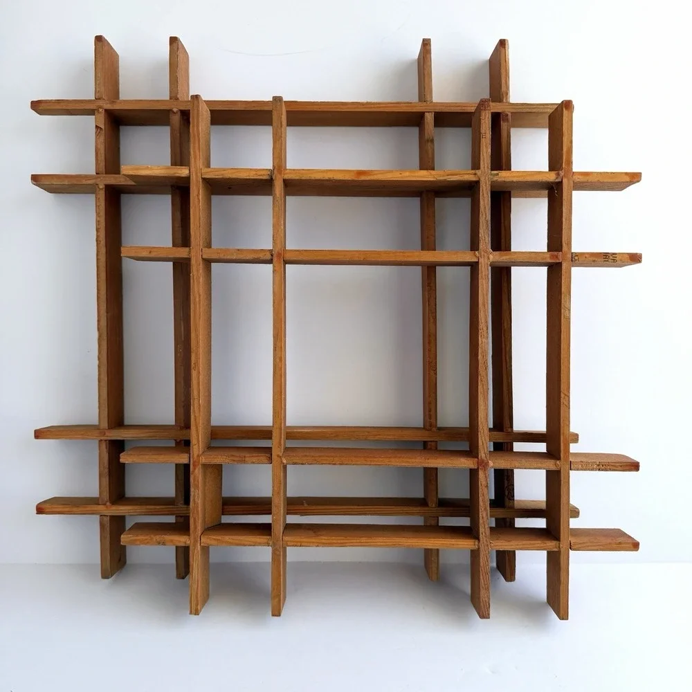 3pc VTG Mcm Curio Shelves Funny Knick Knack Display Handmade Wood Grid Set